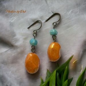 Turquoise & orange bead stone dangle pierced earrings